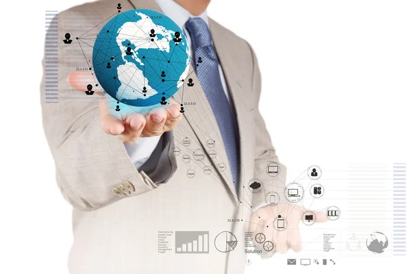 Podnikatel drží země a sociální síťového diagramu — Stock fotografie