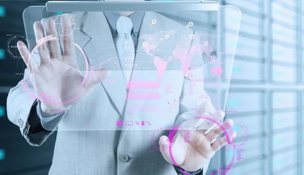 Businessman working with new modern computer pushing social netw — Stock Photo, Image