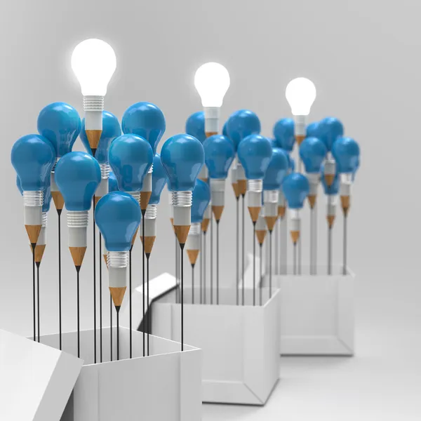 Drawing idea pencil and light bulb concept outside the box as cr — Stock Photo, Image