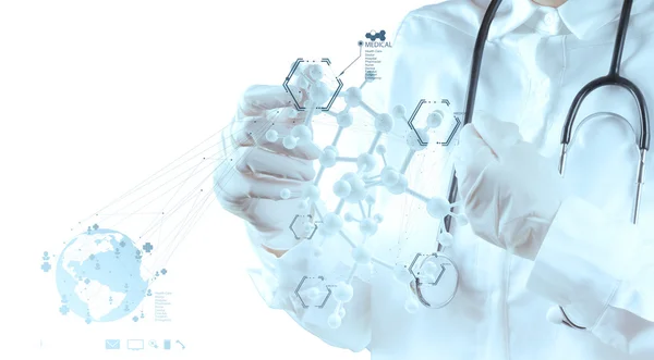 Forskare läkare hand röra virtuella molekylstruktur i l — Stockfoto