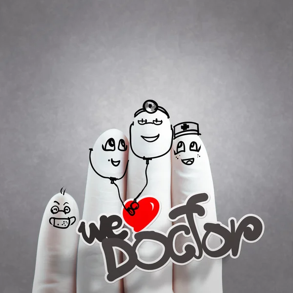 Una bella famiglia disegnata a mano e dito, medico e infermiere — Foto Stock