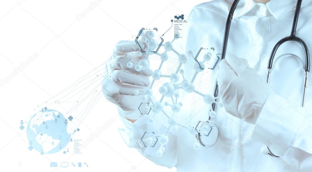 scientist doctor hand touch virtual molecular structure in the l