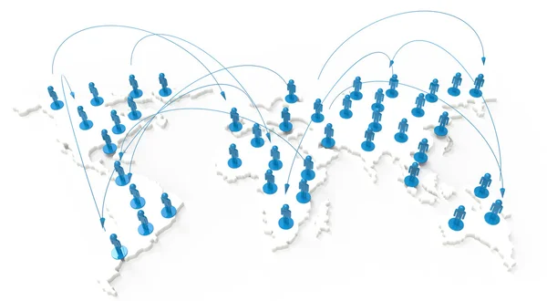 Rede social humana 3d no mapa do mundo — Fotografia de Stock