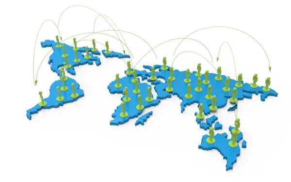 Social network umano 3d sulla mappa del mondo — Foto Stock