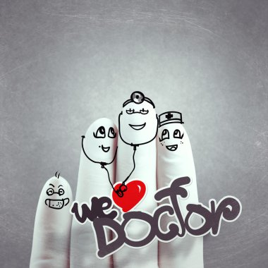 güzel aile elle çizilmiş ve parmak, doktor ve hemşire