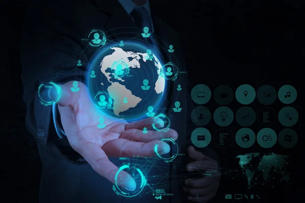 Businessman hand working with new modern computer show the earth — Stock Photo, Image