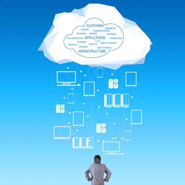 Uomo d'affari pensando al concetto di idea di rete cloud — Foto Stock