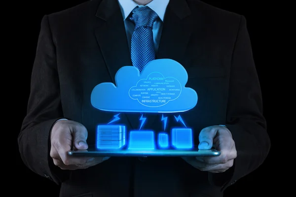 Zakenman met een cloud computing diagram werken op de nieuwe co — Stockfoto