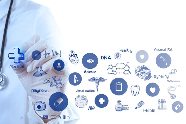 Medicina mão médico trabalhando com interface de computador moderno — Fotografia de Stock