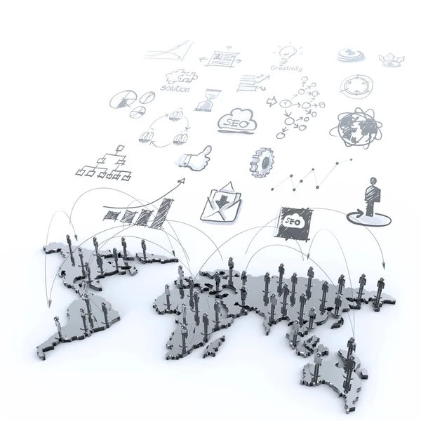 Rede social humana 3d no mapa do mundo — Fotografia de Stock