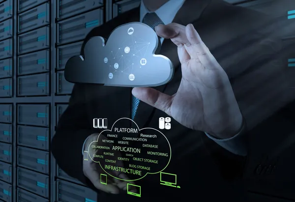 Zakenman met een cloud computing diagram werken op de nieuwe co — Stockfoto