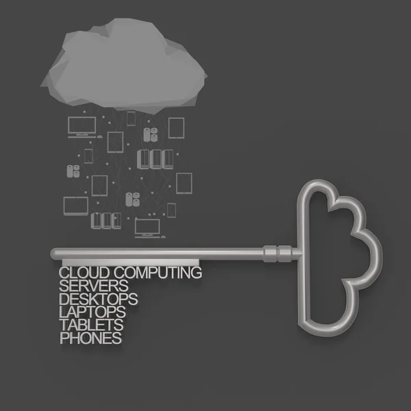 Cloud computing diagram with metallic cloud and the key — Stock Photo, Image