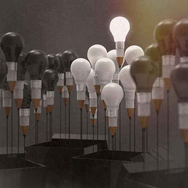 図面のアイデア鉛筆と cr としてボックスの外側の電球の概念 — ストック写真