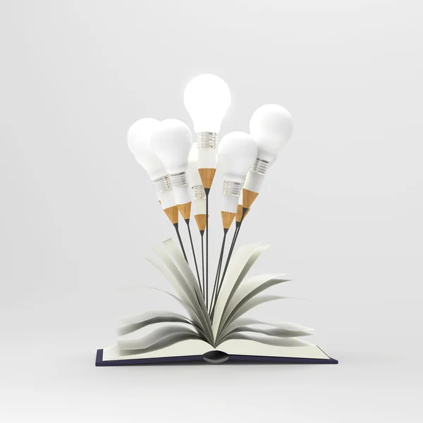Ідея малювання олівцем та лампочкою концепція поза книгою як c — стокове фото