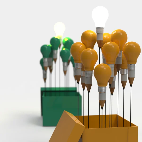 Рисунок идеи карандаша и лампочки концепция вне коробки, как кр — стоковое фото