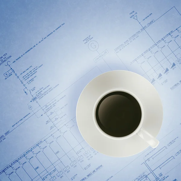 3d coffee cup on engineer blue print — Stock Photo, Image