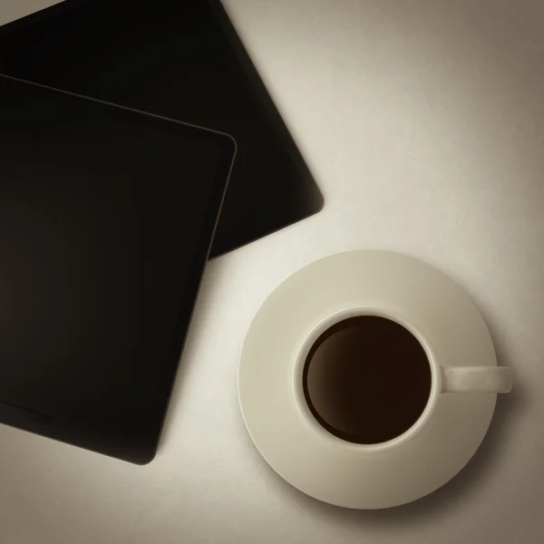 Cup of coffee and tablet computer as vintage style — Stock Photo, Image