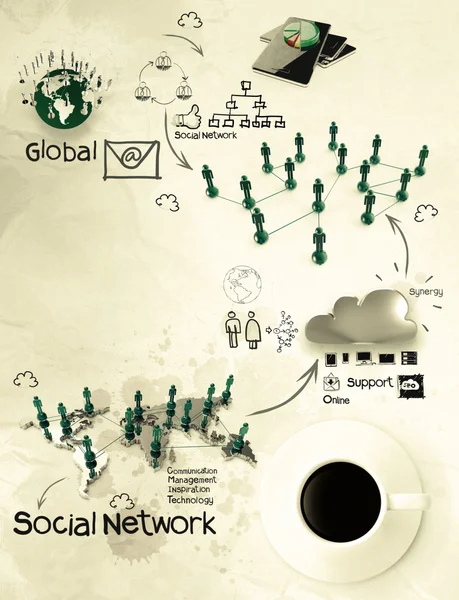 3d tazza di caffè sul diagramma del social network — Foto Stock