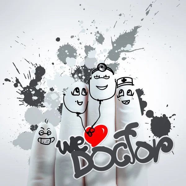 Schöne Familie Hand gezeichnet und Finger, Arzt und Krankenschwester, wir lieben doc — Stockfoto