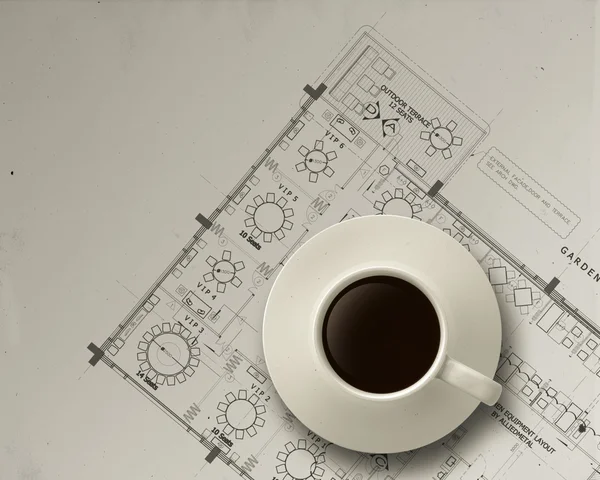 3d coffee cup on engineer architectural blue print — Stock Photo, Image