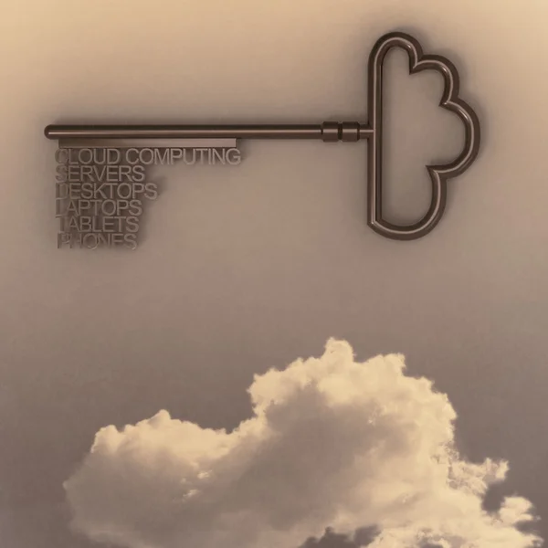 Cloud computing diagram with metallic cloud and the key — Stock Photo, Image