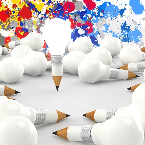 Kreatywnych biznes jak ołówek żarówka 3d i plusk kolor — Zdjęcie stockowe
