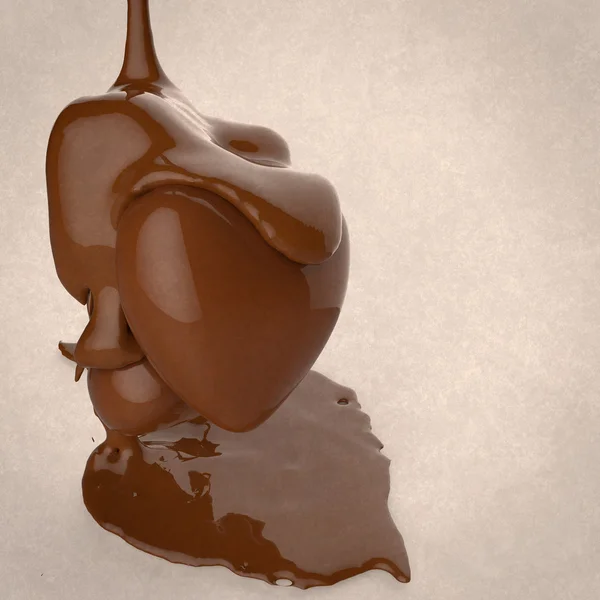 Close up chocolate syrup leaking over heart shape symbol — Stock Photo, Image
