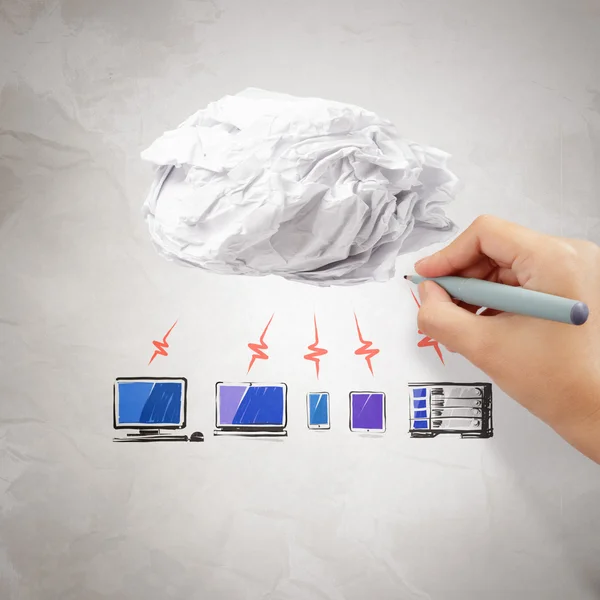 Verfrommeld papier cloud computing diagram — Stockfoto