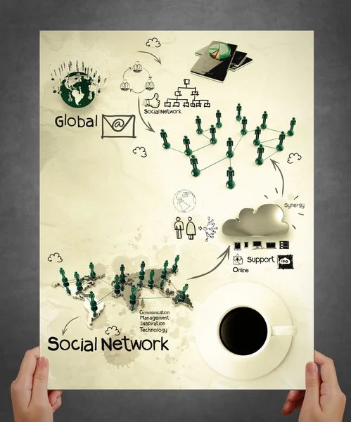 Hand zeigen soziale Netzwerkstruktur Poster — Stockfoto