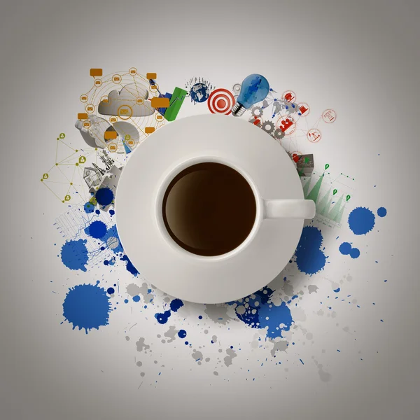 3d coffee cup on business strategy diagram — Stock Photo, Image