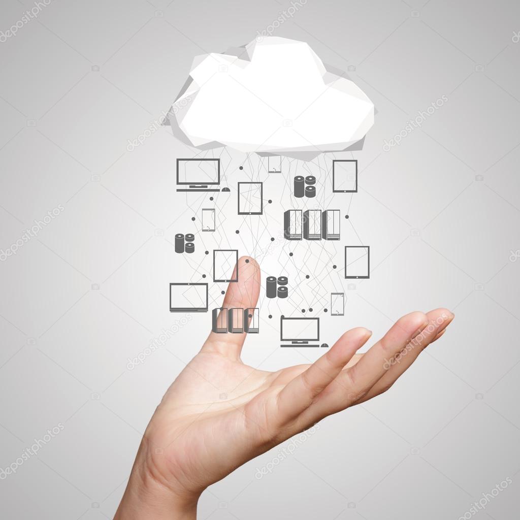 hand working with a Cloud Computing diagram on the new computer