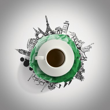 3D fincan kahve buruşuk kağıt dünyayı dolaşarak