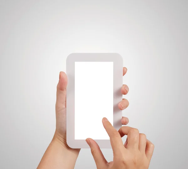 Händerna är holding och pekar på smart telefon — Stockfoto