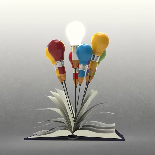 Drawing idea pencil and light bulb concept outside the book — Stock Photo, Image