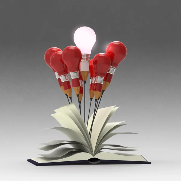 Idea de dibujo concepto de lápiz y bombilla fuera del libro — Foto de Stock