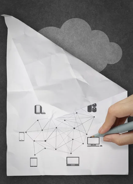 Hand verfrommeld papier cloud computing tekening — Stockfoto