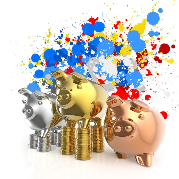 Winner piggy bank and splashing colors background — Stock Photo, Image