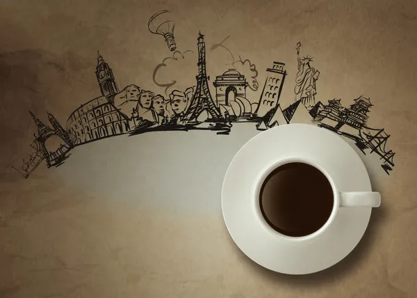 3D φλιτζάνι καφέ που ταξιδεύουν σε όλο τον κόσμο ως vintage στυλ — Φωτογραφία Αρχείου
