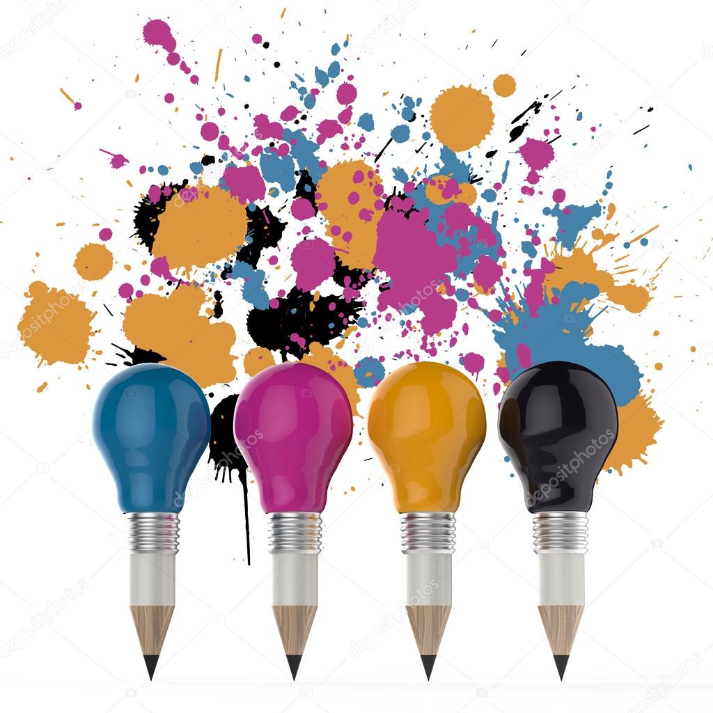 Pencil lightbulb head in cmyk color as creative design concept o Stock