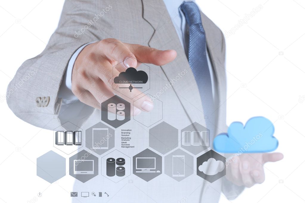 businessman hand showing about cloud network