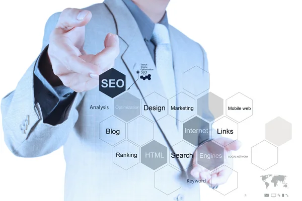 Businessman hand showing search engine optimization SEO — Stock Photo, Image