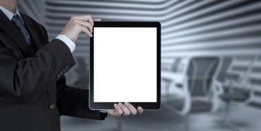 businessman success working with blank tablet computer his board