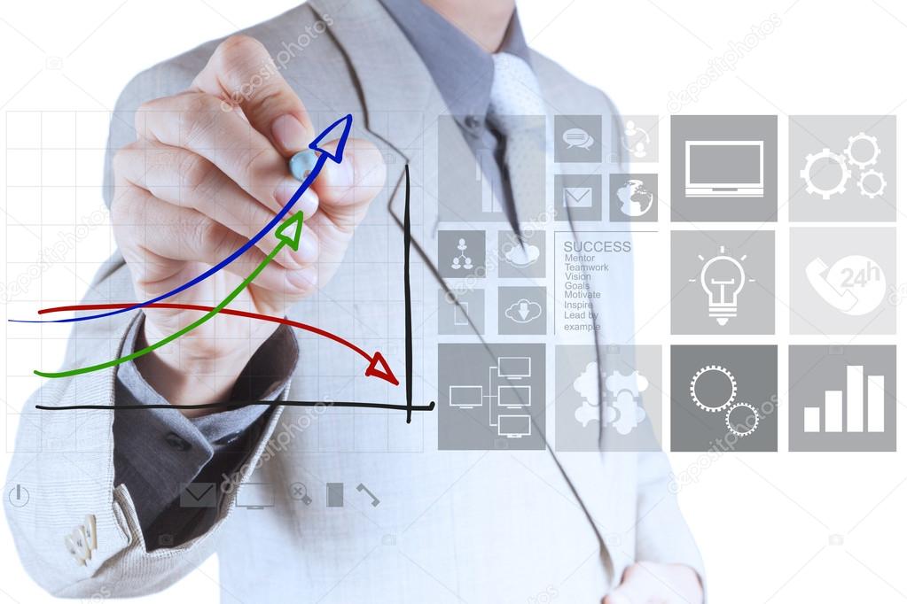 businessman hand draws virtual chart business