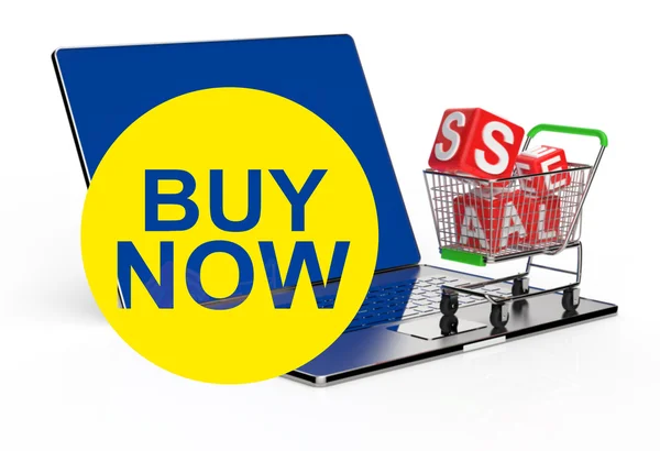 Köp nu med shopping cart försäljning — Stockfoto