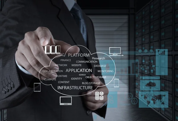 Empresario que trabaja con un diagrama de Cloud Computing en la nueva co — Foto de Stock