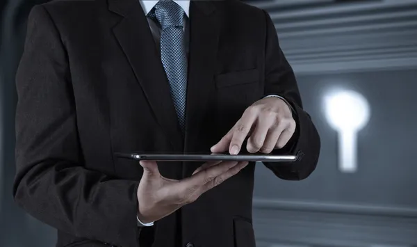 Businessman hand use smart phone computer — Stok fotoğraf