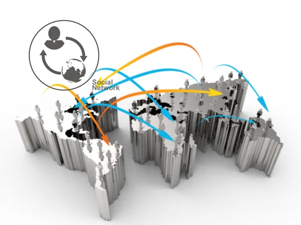 Rede social humana 3d no mapa do mundo — Fotografia de Stock