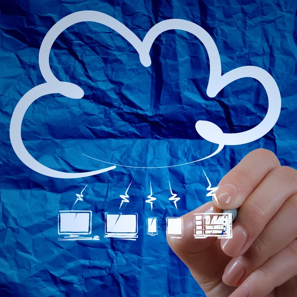 Hand drawing Cloud Computing diagram with crumpled paper backgr — Stock Photo, Image