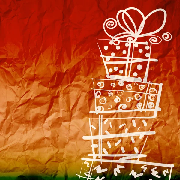 Kerstkaart met geschenkdozen op gekreukeld papier — Stockfoto