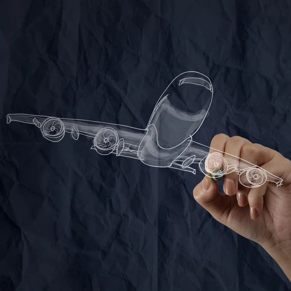 Handzeichnung Flugzeug mit zerknittertem Papier Hintergrund — Stockfoto